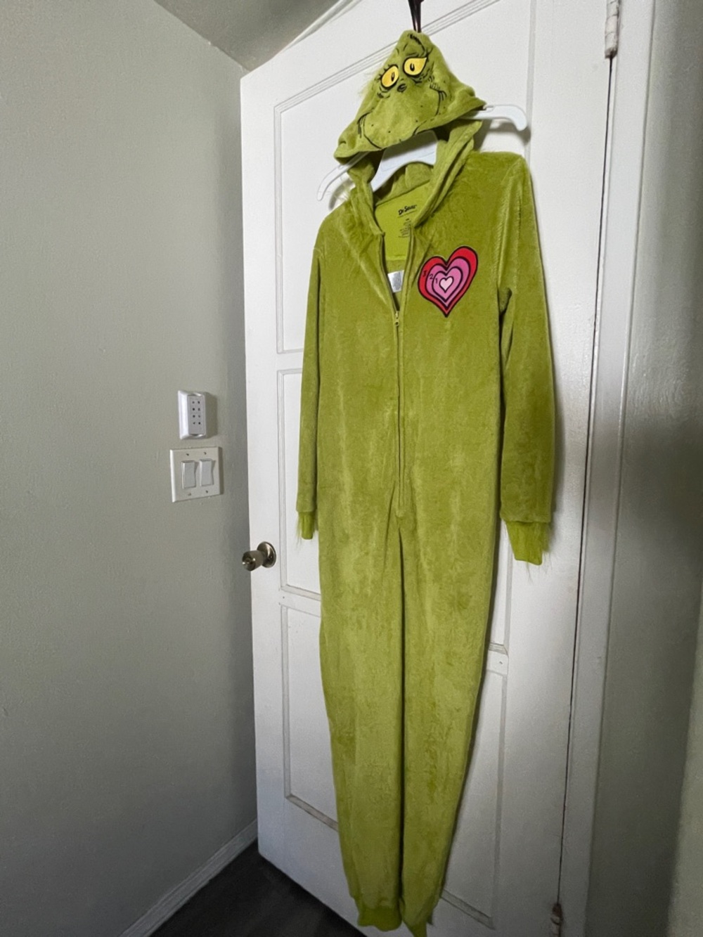 Dr. Seuss Lime Green Grinch Plush Hooded One-Piece Pajama with Pink Heart